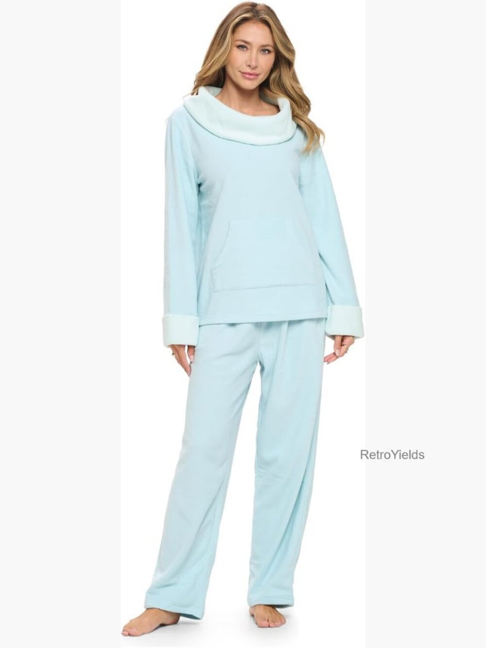Cozy Fleece Pajama Set with Pockets Cowl Neck Lounge Set